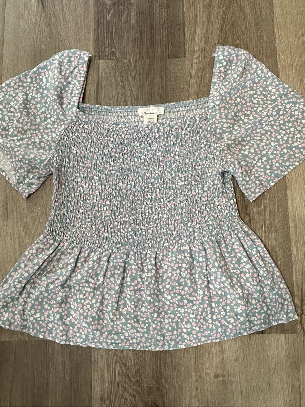 Urban Romantics Floral Smocked Peplum Blouse Blue Pink L